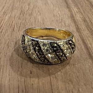 Vintage Marcasite and Crystal Diagonal Banded Domed Ladies Statement Ring